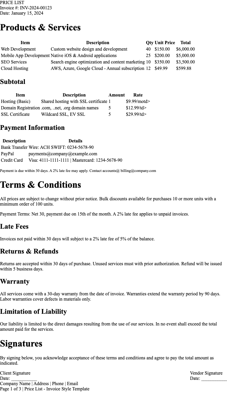 Invoice Style price list Template